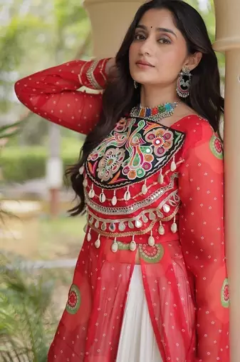 Bandhani Print Faux Georgette Kurti with Kora Cotton Lehenga - Full Stitched free size