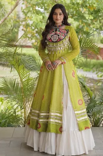Bandhani Print Faux Georgette Kurti with Kora Cotton Lehenga  - Full Stitched free size