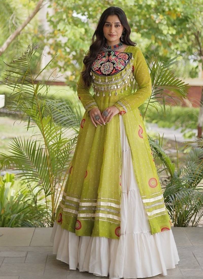 Bandhani Print Faux Georgette Kurti with Kora Cotton Lehenga  - Full Stitched free size