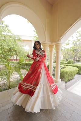 Bandhani Print Faux Georgette Kurti with Kora Cotton Lehenga - Full Stitched free size 5