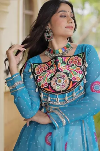 Bandhani Print Faux Georgette Kurti with Kora Cotton Lehenga - Full Stitched free size