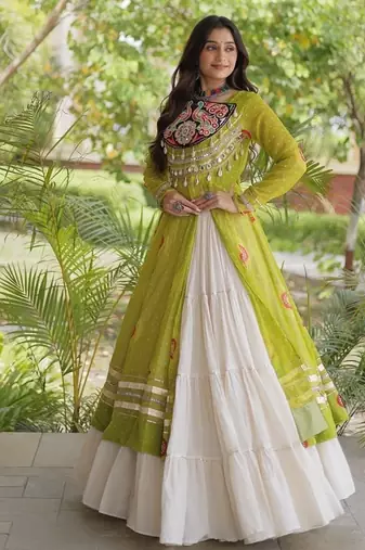 Bandhani Print Faux Georgette Kurti with Kora Cotton Lehenga  - Full Stitched free size