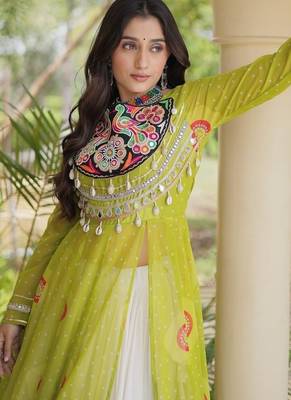 Bandhani Print Faux Georgette Kurti with Kora Cotton Lehenga  - Full Stitched free size 4