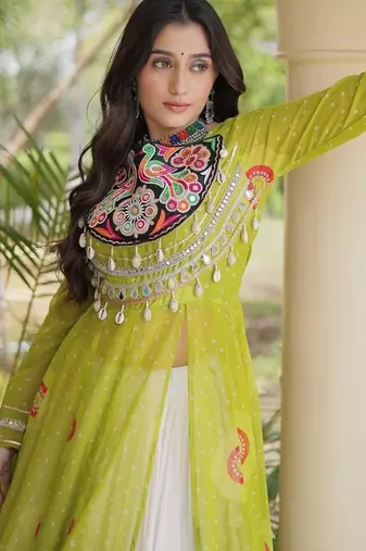 Bandhani Print Faux Georgette Kurti with Kora Cotton Lehenga  - Full Stitched free size