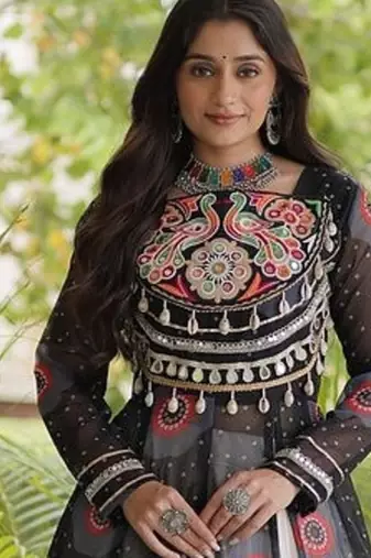 Bandhani Print Faux Georgette Kurti with Kora Cotton Lehenga - Full Stitched free size
