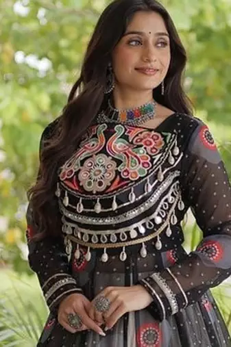 Bandhani Print Faux Georgette Kurti with Kora Cotton Lehenga - Full Stitched free size