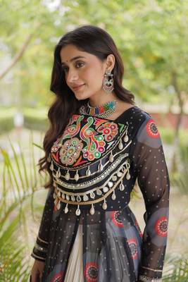 Bandhani Print Faux Georgette Kurti with Kora Cotton Lehenga - Full Stitched free size 5