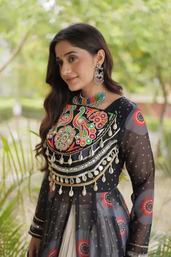 Bandhani Print Faux Georgette Kurti with Kora Cotton Lehenga - Full Stitched free size