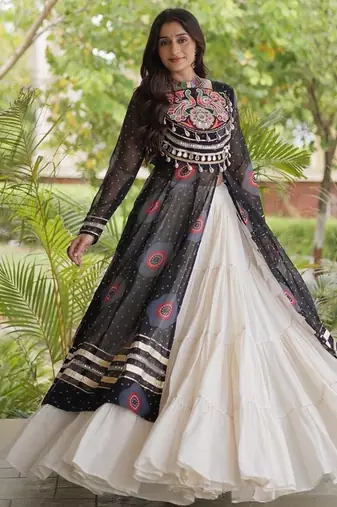 Bandhani Print Faux Georgette Kurti with Kora Cotton Lehenga - Full Stitched free size