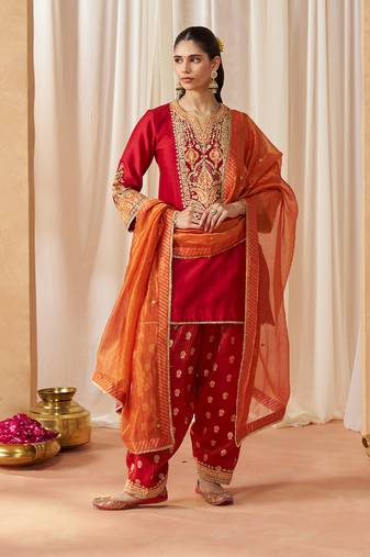 Deep red kurta with salwar and dupatta