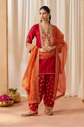 Deep red kurta with salwar and dupatta