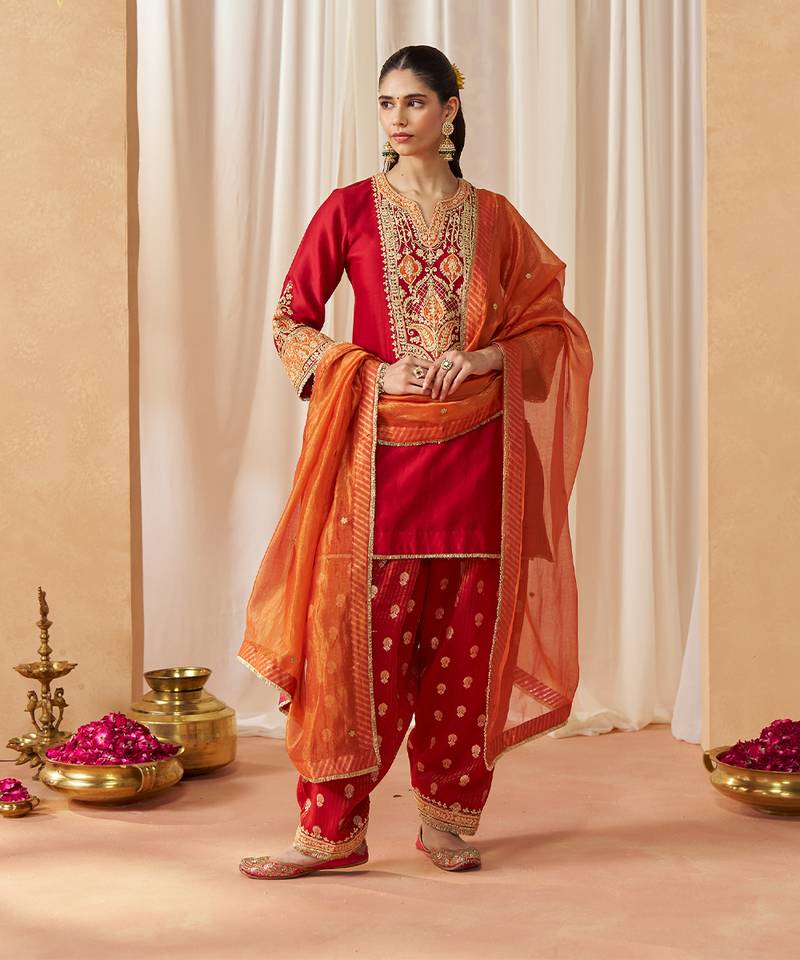 Deep red kurta with salwar and dupatta