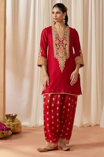 Deep red kurta with salwar and dupatta