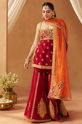 Deep red kurta with gharara and dupatta