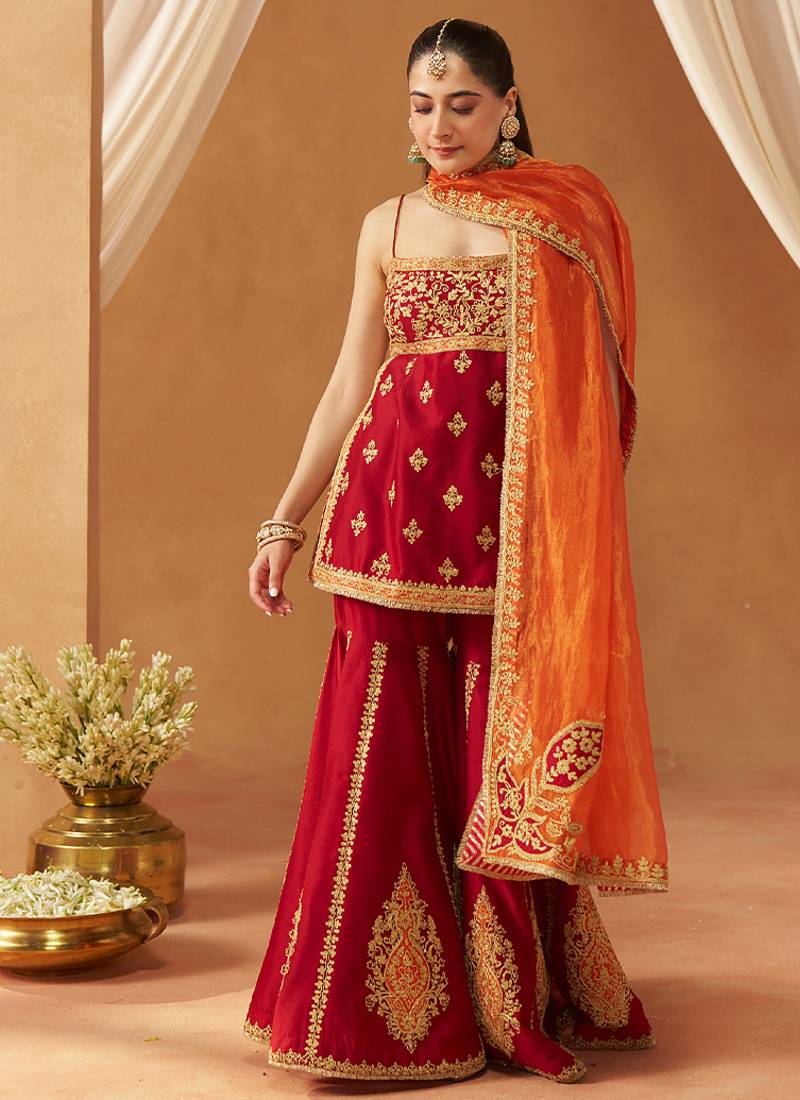 Deep red kurta with gharara and dupatta