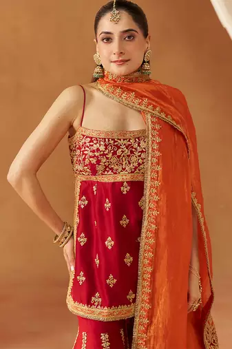 Deep red kurta with gharara and dupatta