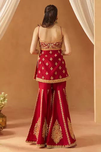 Deep red kurta with gharara and dupatta