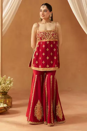 Deep red kurta with gharara and dupatta