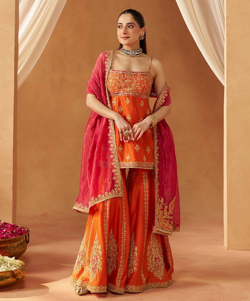 Burnt orange kurta with gharara and dupatta