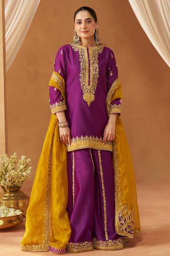 Deep purple kurta with sharara and dupatta