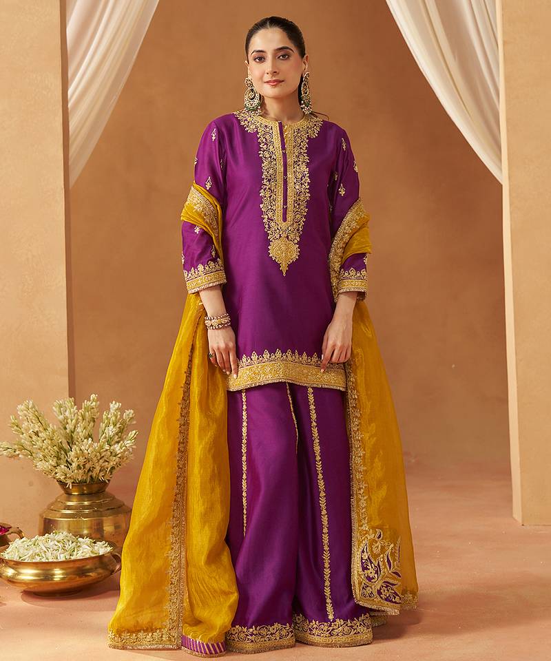 Deep purple kurta with sharara and dupatta