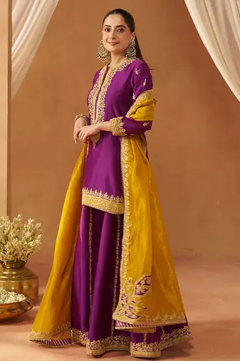 Deep purple kurta with sharara and dupatta