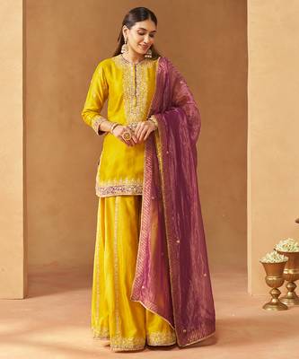 Mustard yellow kurta with sharara and dupatta 1