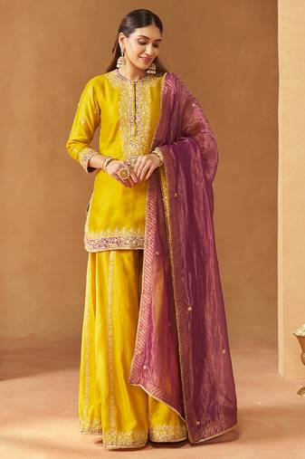 Mustard yellow kurta with sharara and dupatta