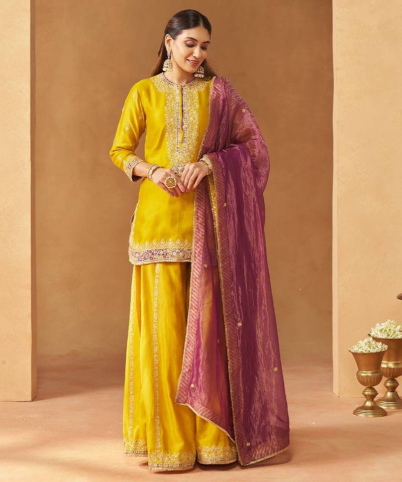 Mustard yellow kurta with sharara and dupatta