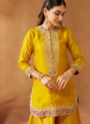Mustard yellow kurta with sharara and dupatta 5
