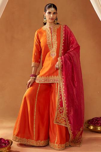 Burnt orange kurta with sharara and dupatta