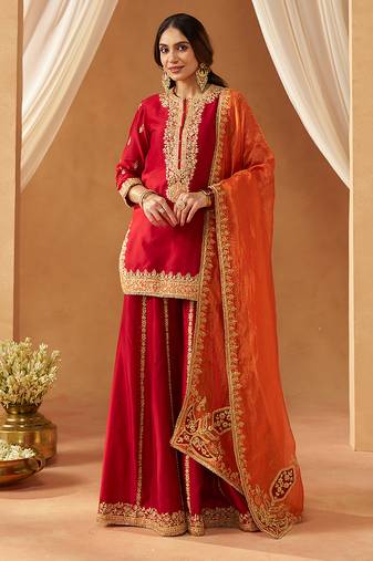 Deep red kurta with sharara and dupatta
