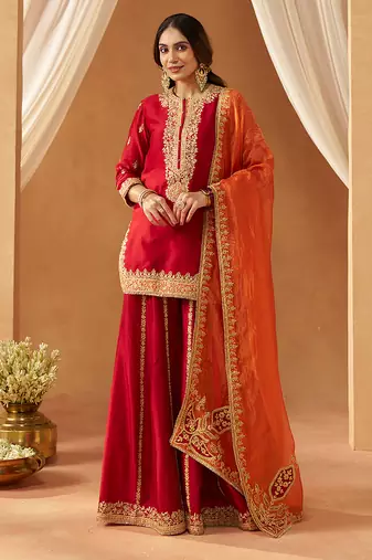 Deep red kurta with sharara and dupatta