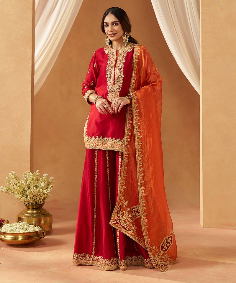 Deep red kurta with sharara and dupatta