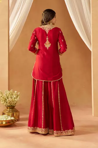 Deep red kurta with sharara and dupatta