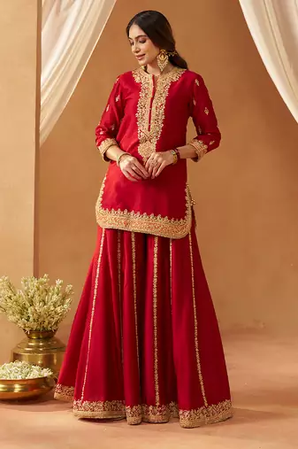 Deep red kurta with sharara and dupatta