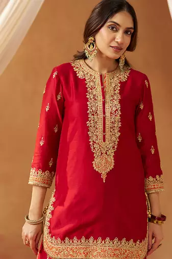 Deep red kurta with sharara and dupatta