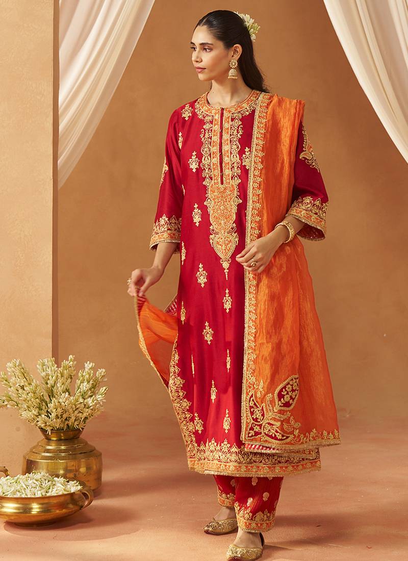 Deep red kurta with salwar and dupatta