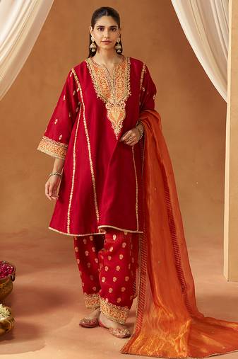 Deep red kalidaar chauga with salwar with dupatta