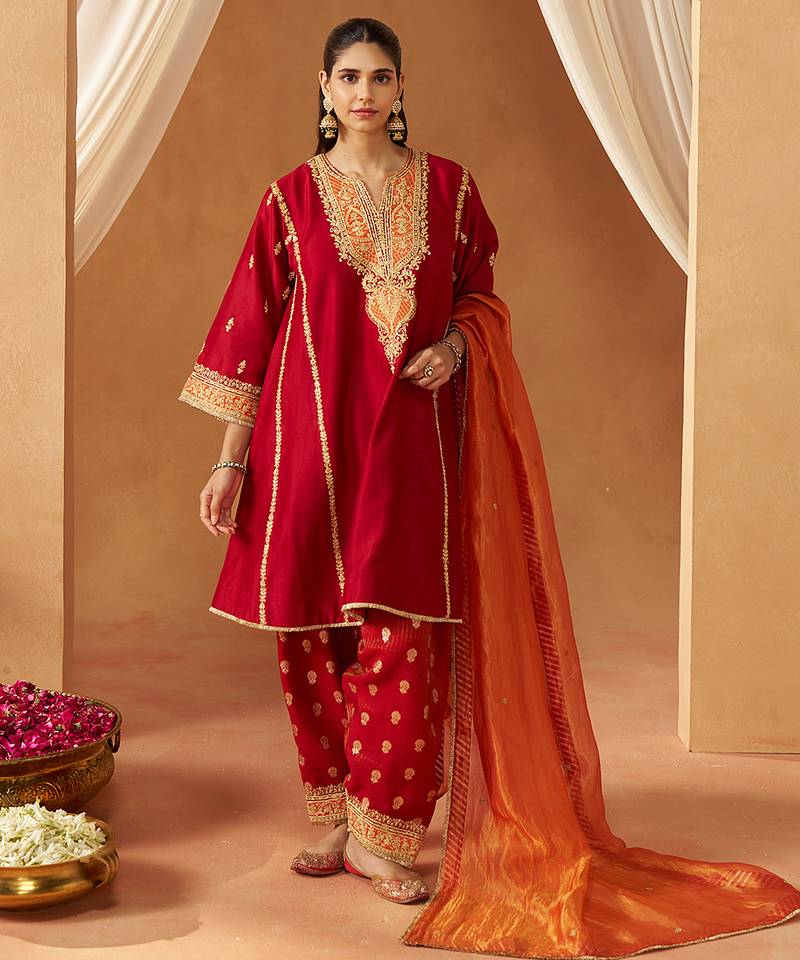 Deep red kalidaar chauga with salwar with dupatta