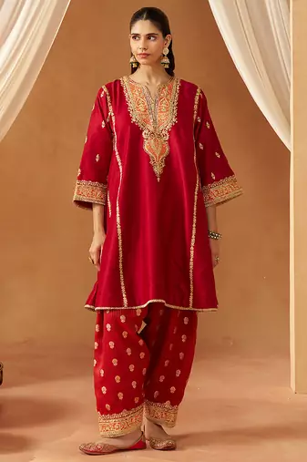 Deep red kalidaar chauga with salwar with dupatta