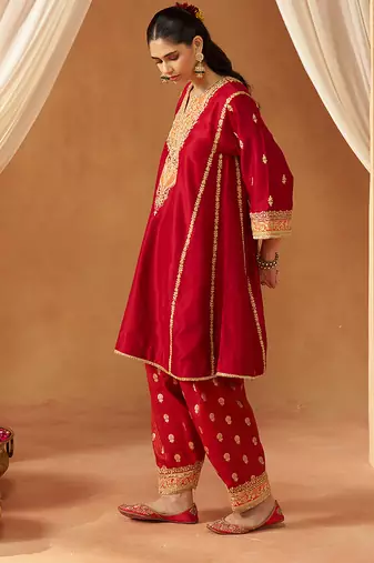 Deep red kalidaar chauga with salwar with dupatta