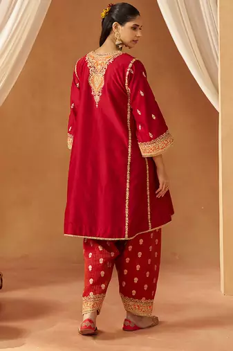 Deep red kalidaar chauga with salwar with dupatta
