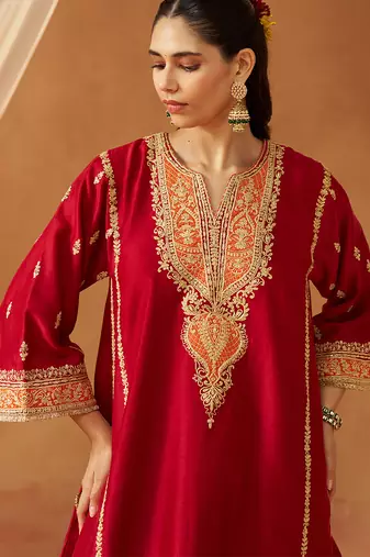 Deep red kalidaar chauga with salwar with dupatta