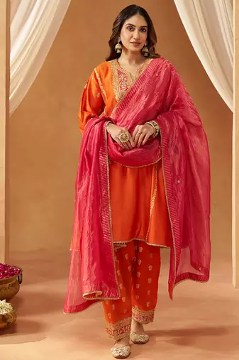 Burnt orange kalidaar chauga with salwar with dupatta