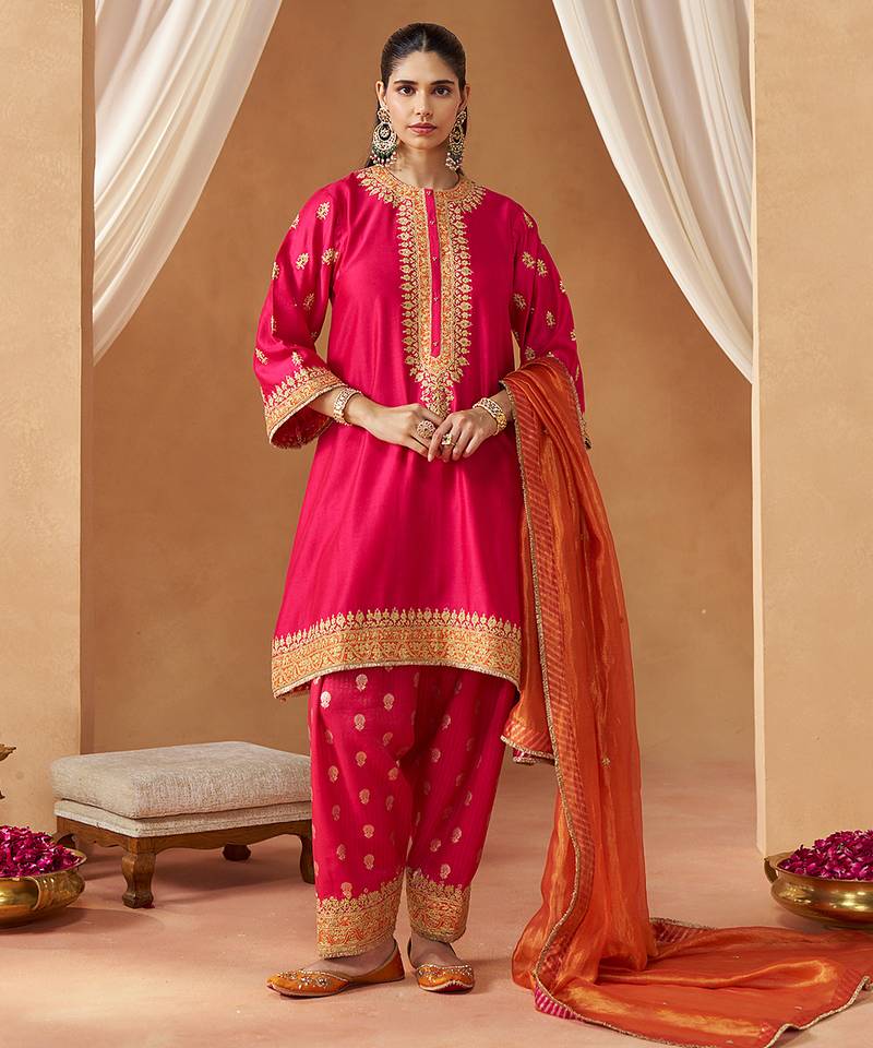 Hot pink kaaftan with salwar with dupatta