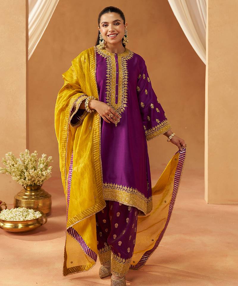 Deep purple kaaftan with salwar with dupatta