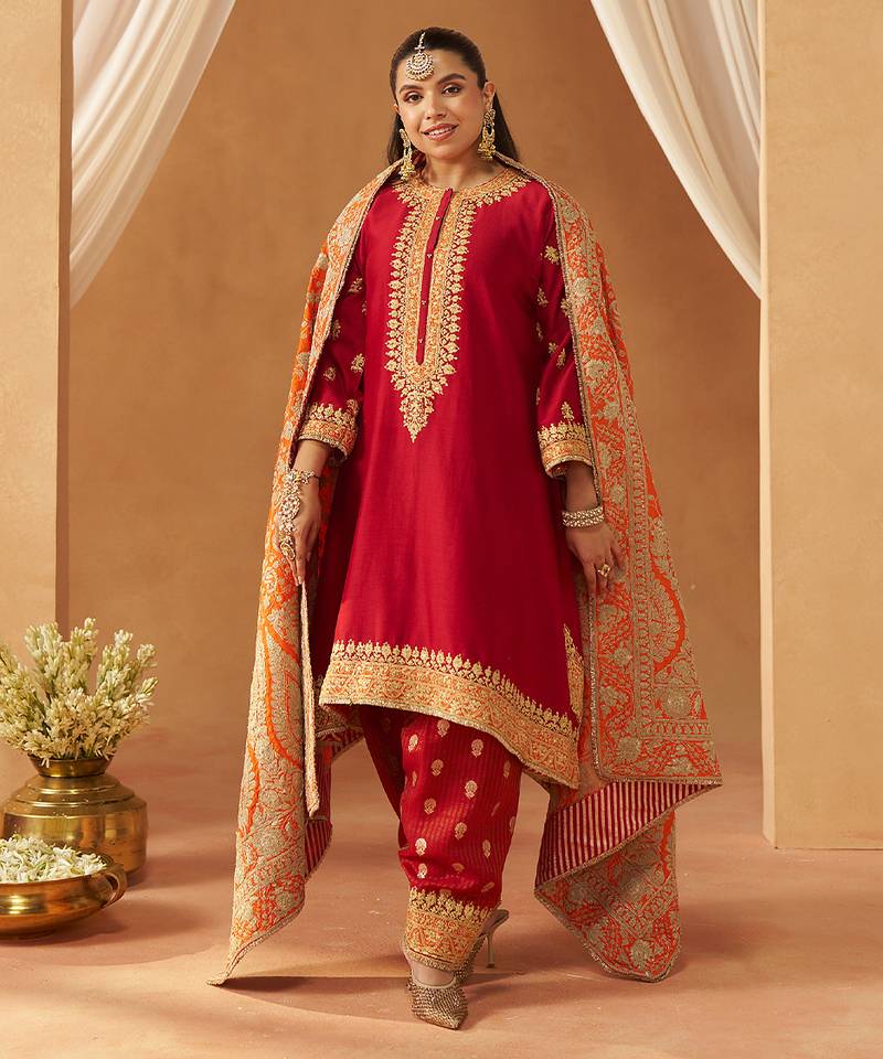 Deep red kaaftan with salwar with dupatta