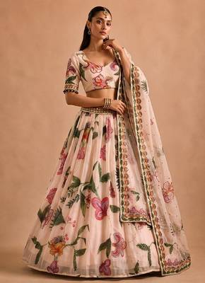 Multicolor Printed & Beautiful Handwork Silk Blend Lehenga Set  1