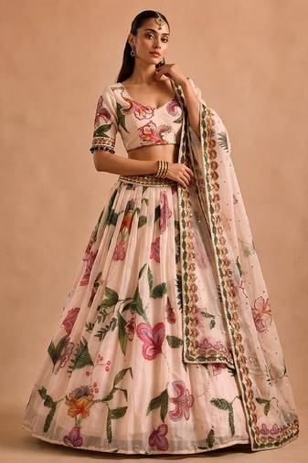 Multicolor Printed & Beautiful Handwork Silk Blend Lehenga Set 